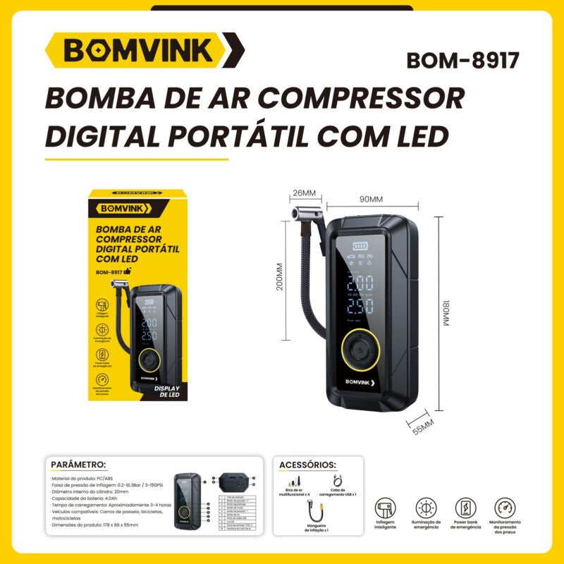 Bomba compresora de aire digital portátil con LED BOMVINK BOM-8917