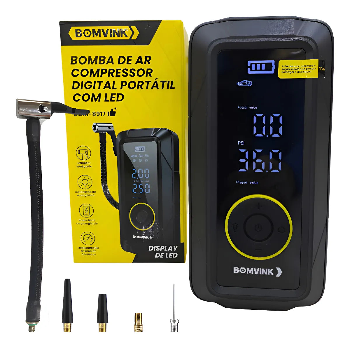 Bomba compresora de aire digital portátil con LED BOMVINK BOM-8917