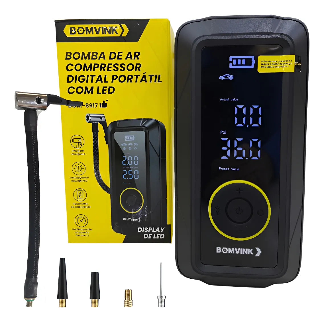 Bomba compresora de aire digital portátil con LED BOMVINK BOM-8917